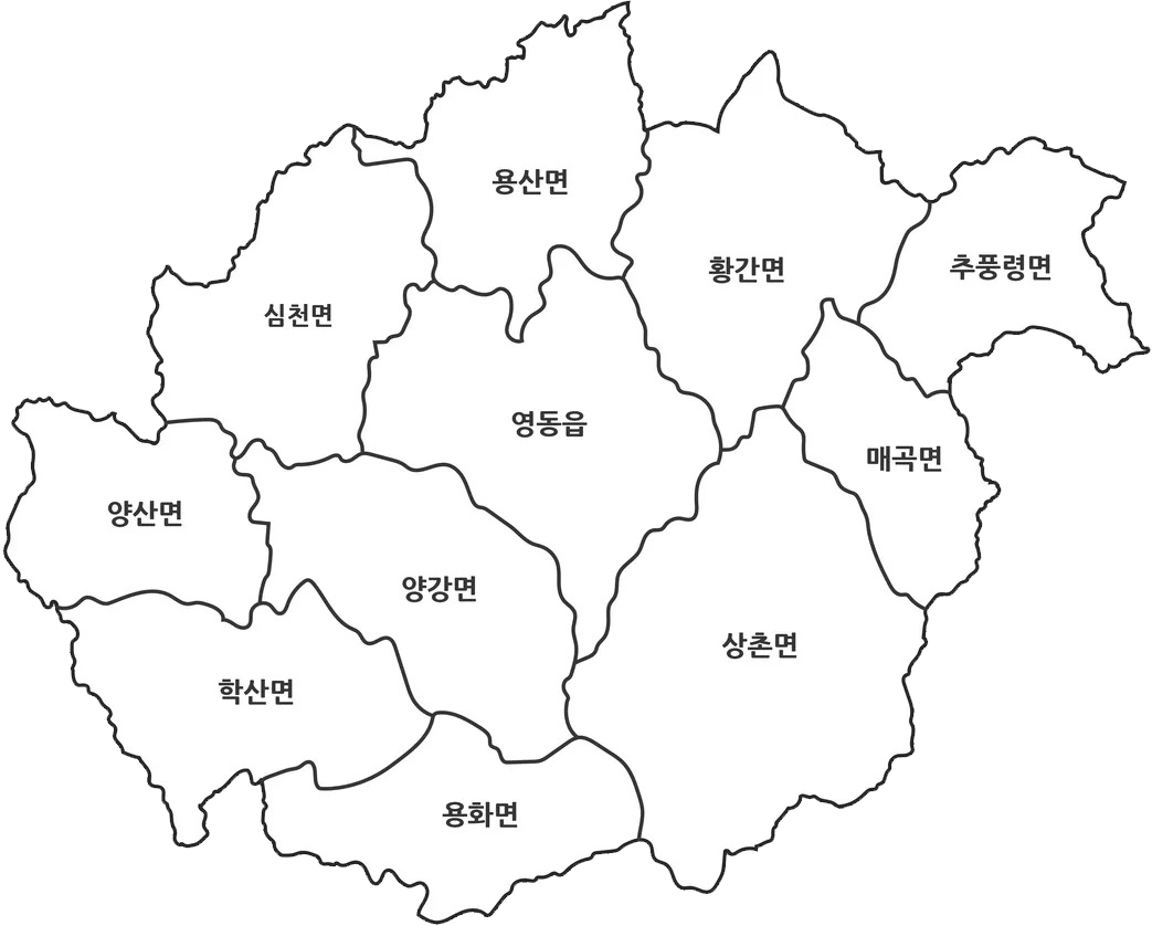 영동군 지도 — 읍면을 선택하면 그 지역 조직만 표시됩니다